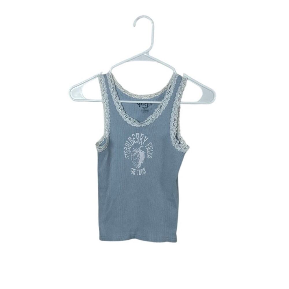Brandy Melville Galt lace-trim "Strawberry Fields '96” blue tank one size